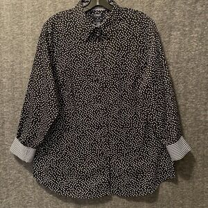 Chaps No Iron Shirt Womens 1X Black White Polka Dots Flip Cuff Button Top Career